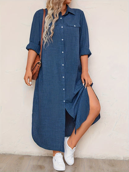 Elegant Blue Linen Shirt Dress for Women with Collar Long Sleeve Button Front Side Slit Casual Style