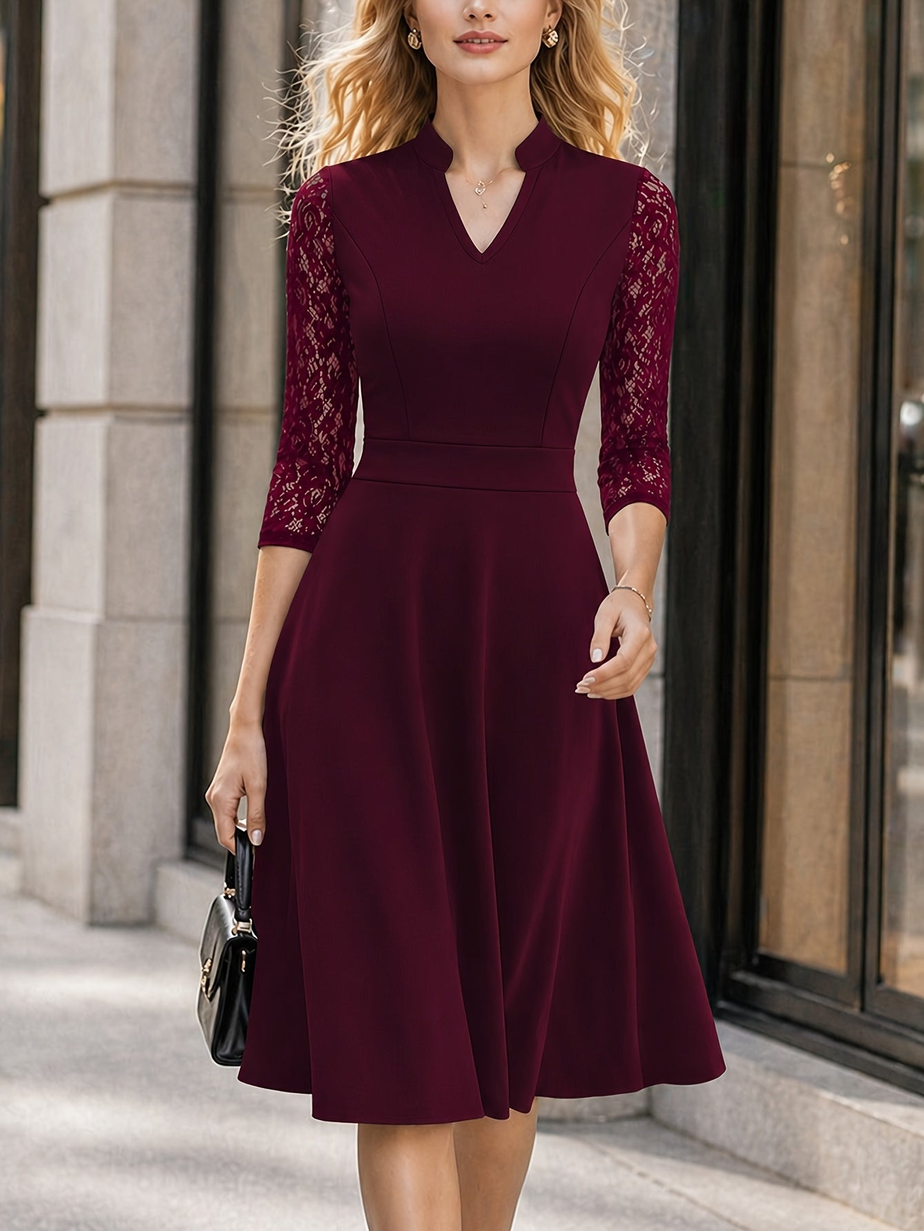 Elegant Lace Midi Dress for Women with Notch Neck Three Quarter Sleeve Fit and Flare Cocktail Style