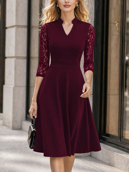 Elegant Lace Midi Dress for Women with Notch Neck Three Quarter Sleeve Fit and Flare Cocktail Style
