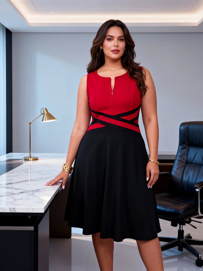 Elegant Red Colorblock Midi Dress for Women with Notch Neck Sleeveless Crisscross Waist Cocktail Style