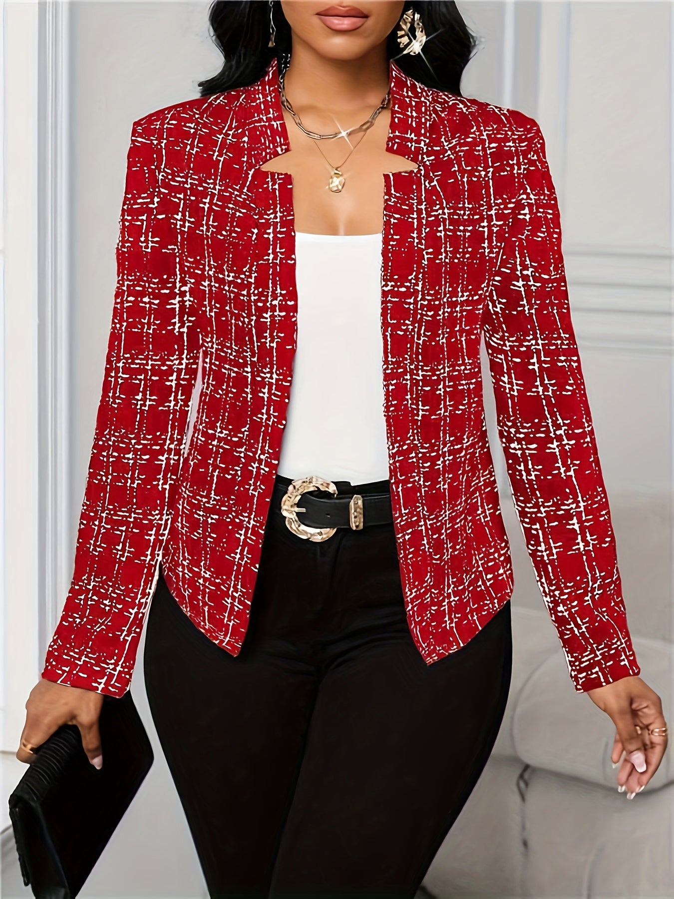 Elegant Tweed Plaid Blazer for Women with Notched Collar Long Sleeve Open Front Asymmetric Hem Casual Style