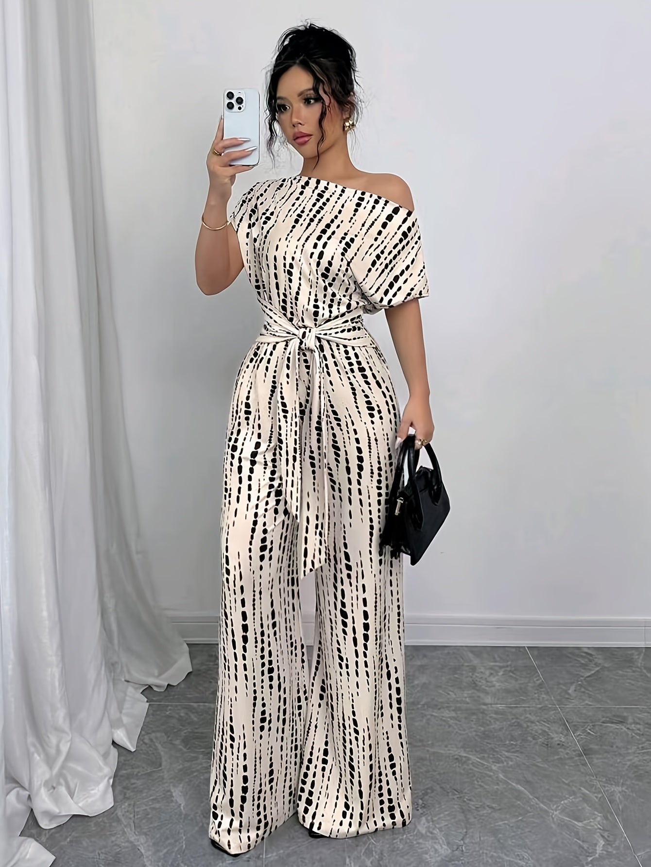 Elegant Apricot Abstract Print Jumpsuit for Women with One Shoulder Short Sleeve Wide Leg Tie Waist Style