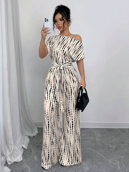 Elegant Apricot Abstract Print Jumpsuit for Women with One Shoulder Short Sleeve Wide Leg Tie Waist Style