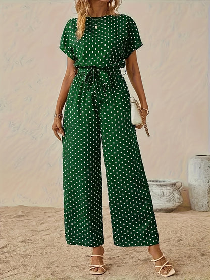 Effortless Polka Dot Jumpsuit for Women with Boat Neck Short Sleeve Belted Wide Leg Style