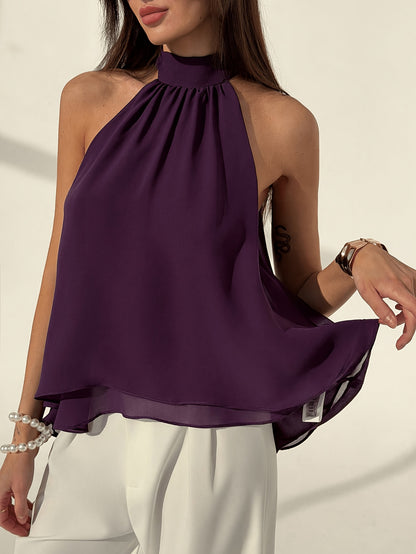 Elegant Purple Chiffon Halter Top for Women with High Neck Sleeveless Flowing Asymmetric Style