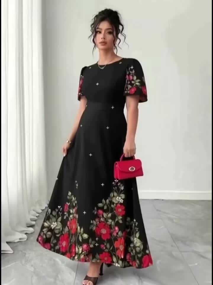 Elegant Black Floral Maxi Dress for Women with Round Neck Batwing Sleeve Cinched Waist Flowing Style