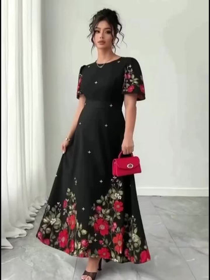 Elegant Black Floral Maxi Dress for Women with Round Neck Batwing Sleeve Cinched Waist Flowing Style