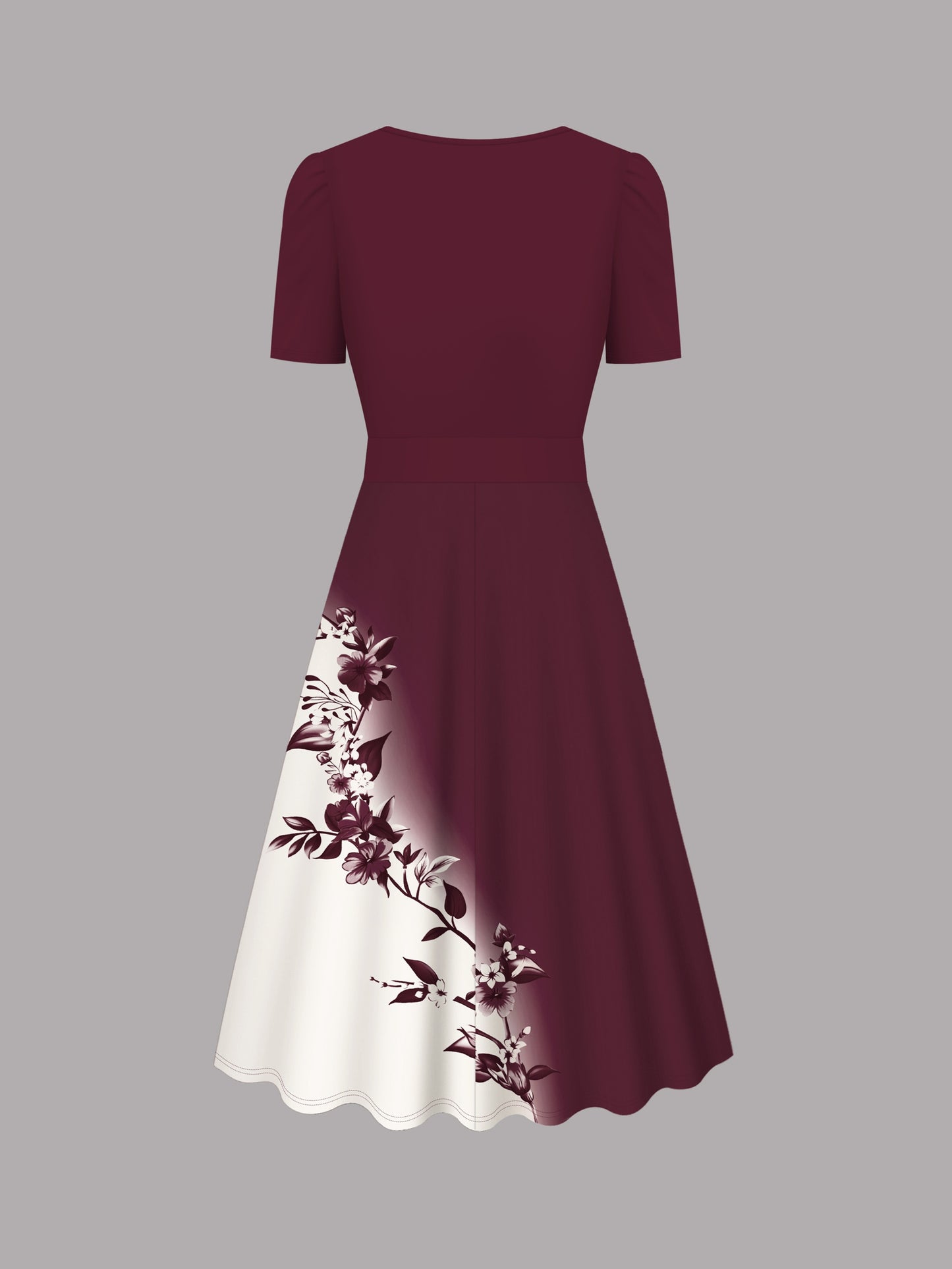 Elegant Burgundy Floral Midi Dress for Women with V Neck Short Sleeve A Line Flowing Style