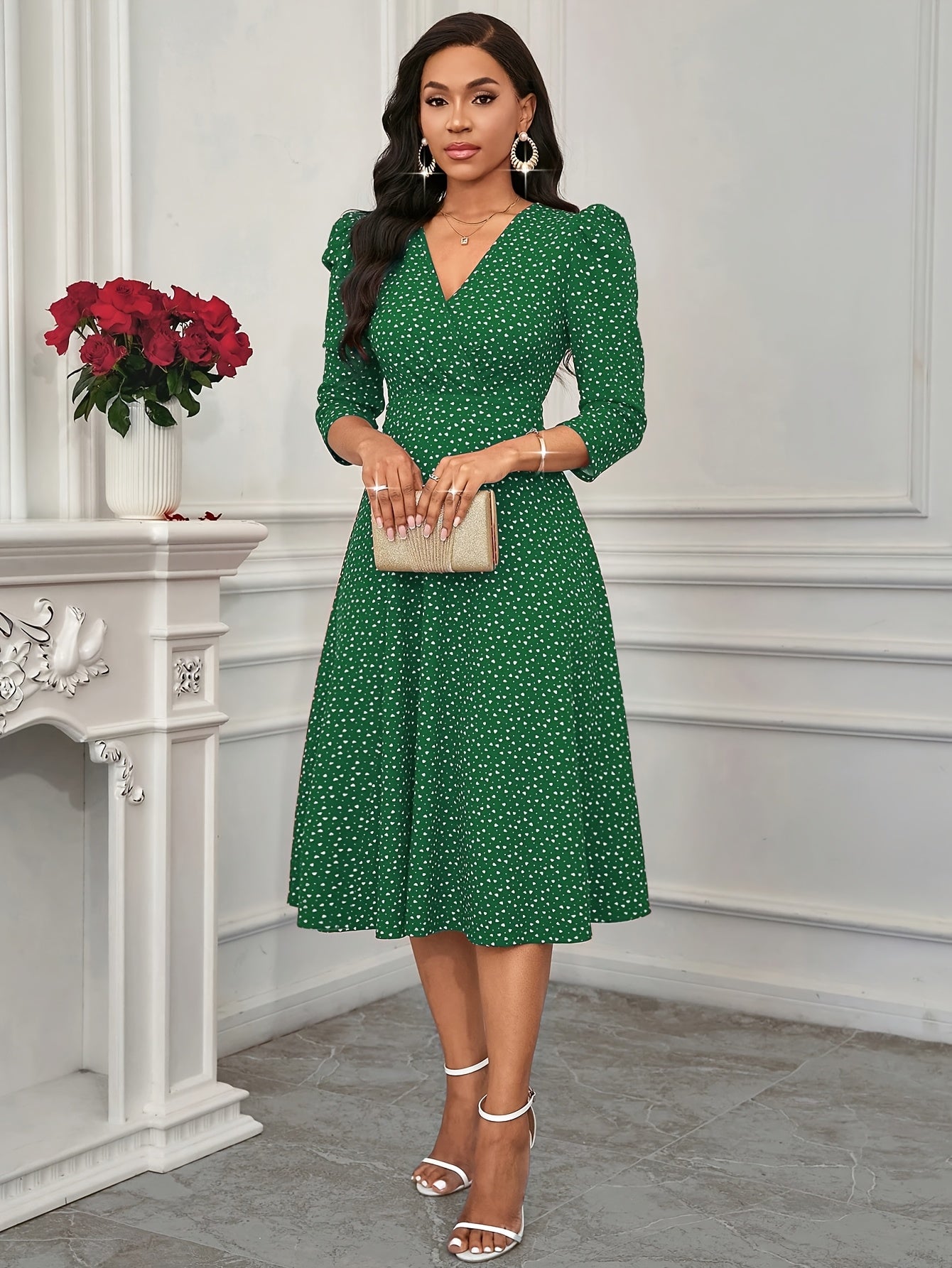 Elegant Green Polka Dot Midi Dress for Women with V Neck Elbow Sleeve Ruched Fit and Flare Wedding Guest Style