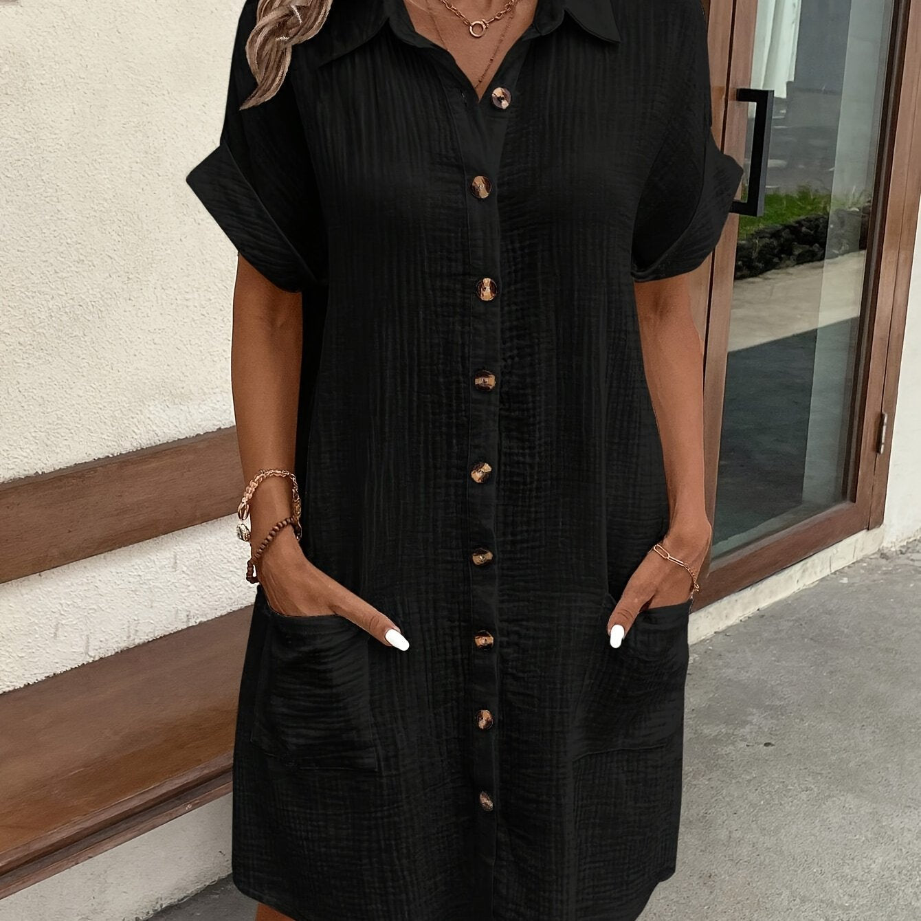 Effortless Textured Cotton Shirt Dress for Women with Collar Short Sleeve Button Front Relaxed Style