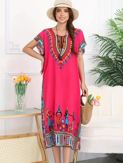 Effortless Tribal Print Kaftan Dress for Women with V Neck Short Sleeve Embroidered Flowing Bohemian Style