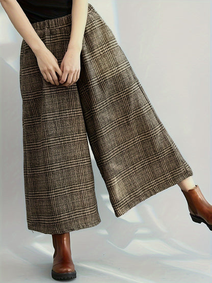 Effortless Plaid Wide Leg Pants for Women with Elastic Waist Pocket Cropped Culotte Style