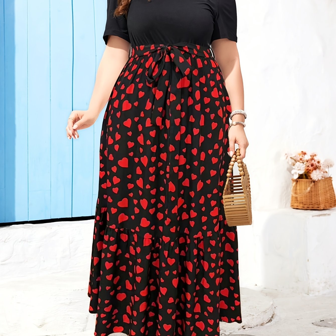 Elegant Black Heart Print Maxi Dress for Women with Round Neck Short Sleeve Tiered Ruffle Belted Style