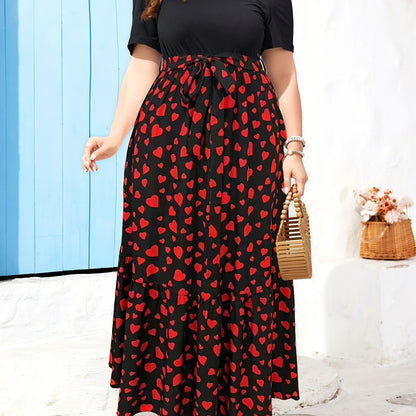 Elegant Black Heart Print Maxi Dress for Women with Round Neck Short Sleeve Tiered Ruffle Belted Style