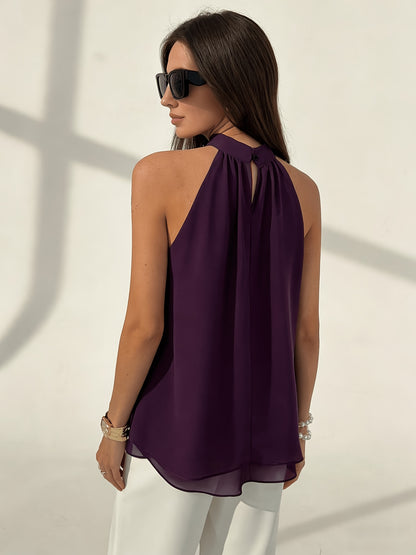 Elegant Purple Chiffon Halter Top for Women with High Neck Sleeveless Flowing Asymmetric Style
