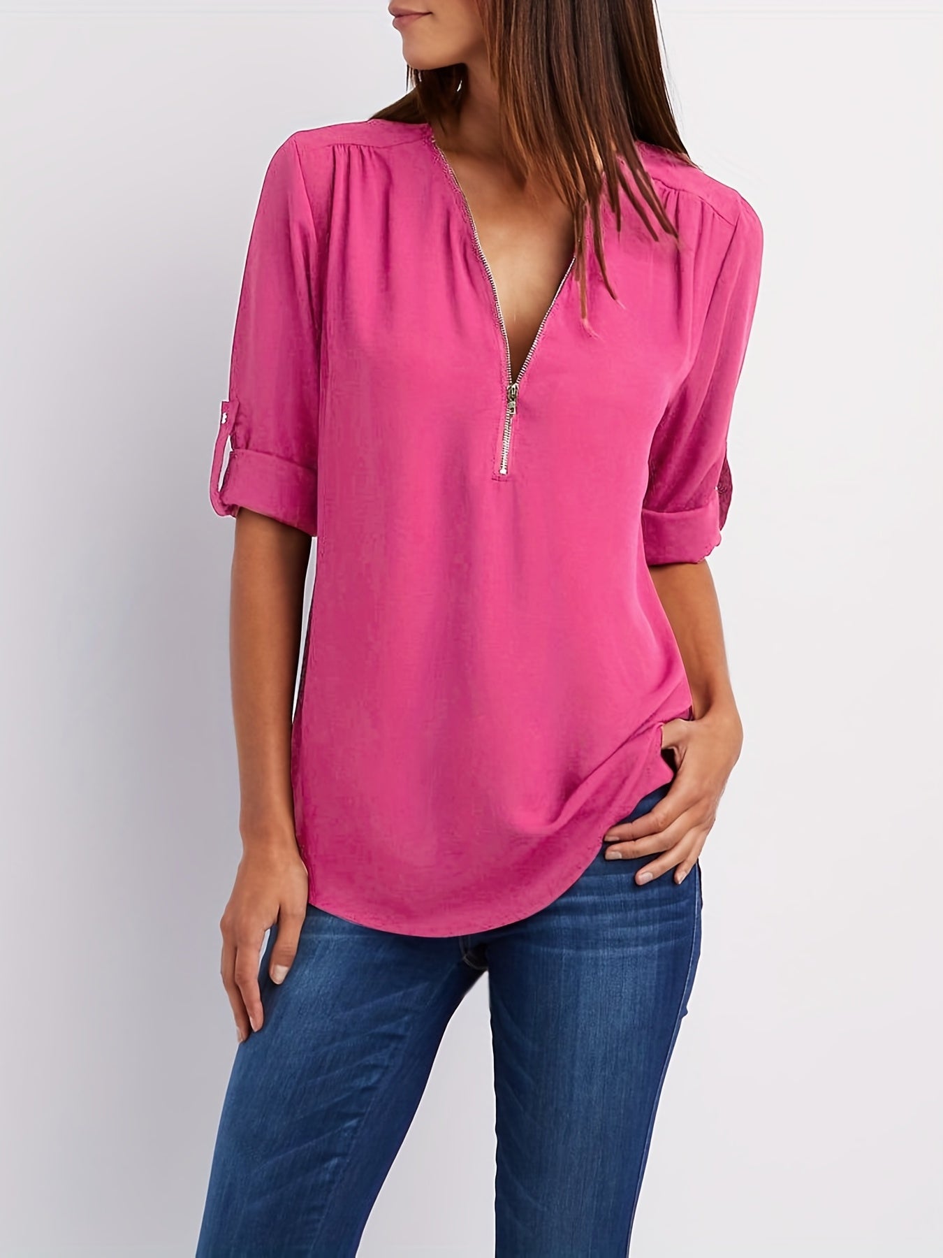 Effortless Chiffon Blouse for Women with Zip V Neck Roll Tab Sleeve Relaxed Casual Style