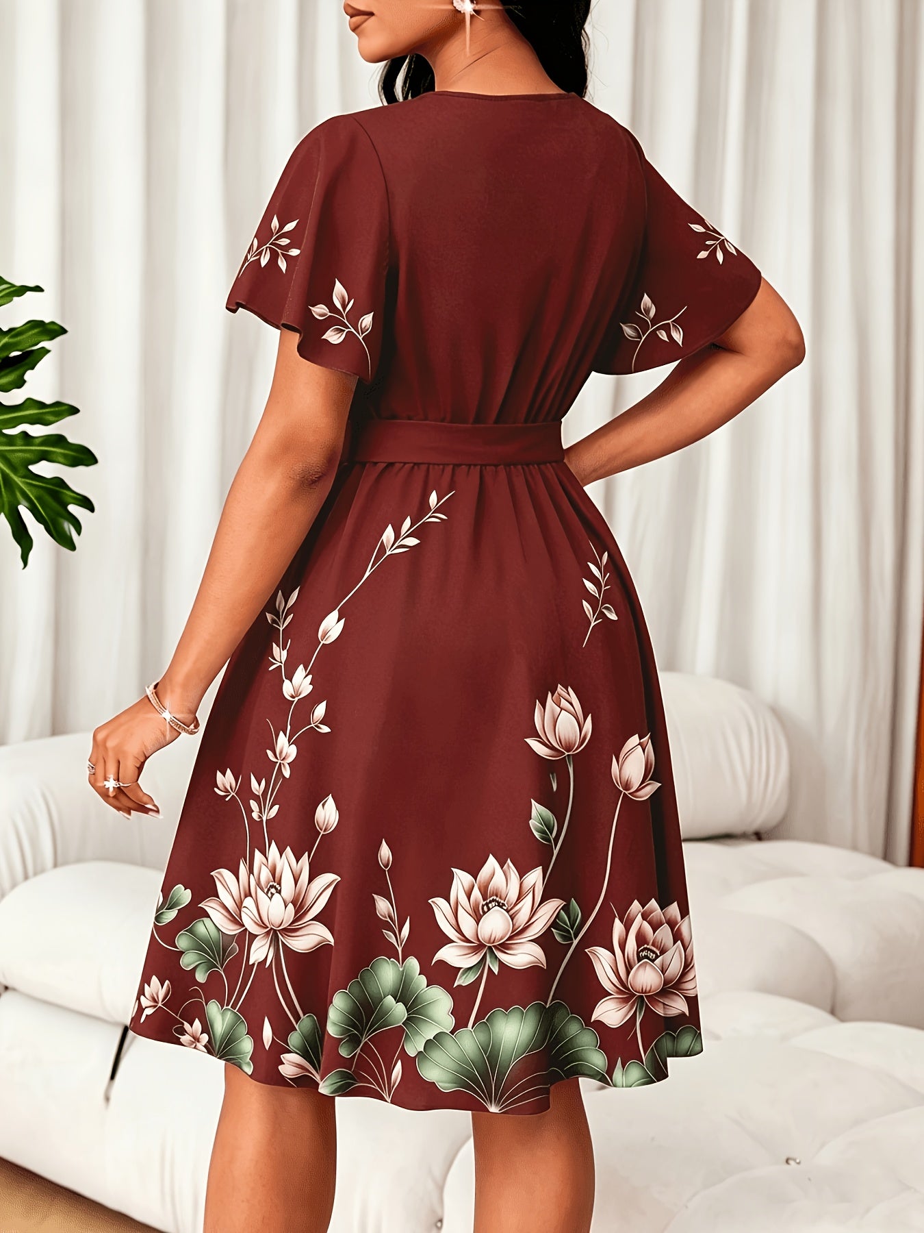 Elegant Floral Midi Dress for Women with V Neck Flutter Sleeve Bow Belt Flowing Style