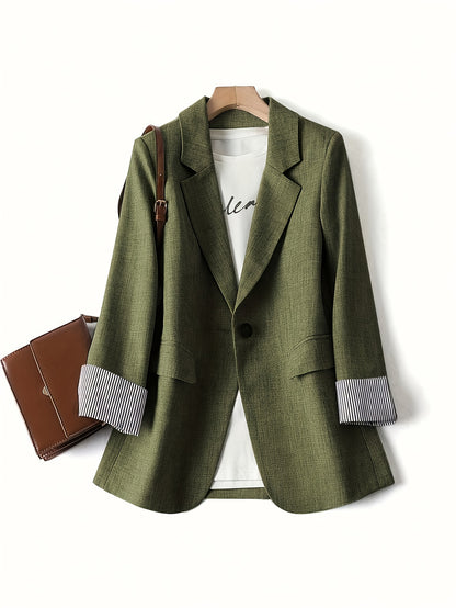 Elegant Fern Green Tweed Blazer for Women with Notch Lapel Long Sleeve Striped Cuff Longline Style
