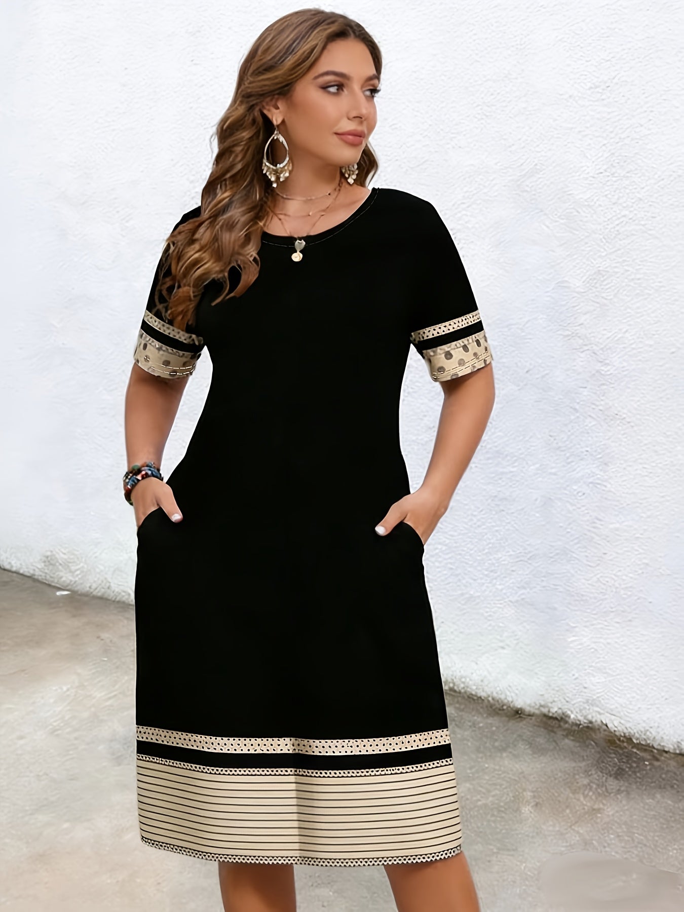 Elegant Black Plus Size Midi Dress for Women with Round Neck Short Sleeve Striped Polka Dot Hem Relaxed Style