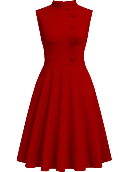 Elegant Navy Fit and Flare Dress for Women with Mock Neck Sleeveless Button Front Vintage Style
