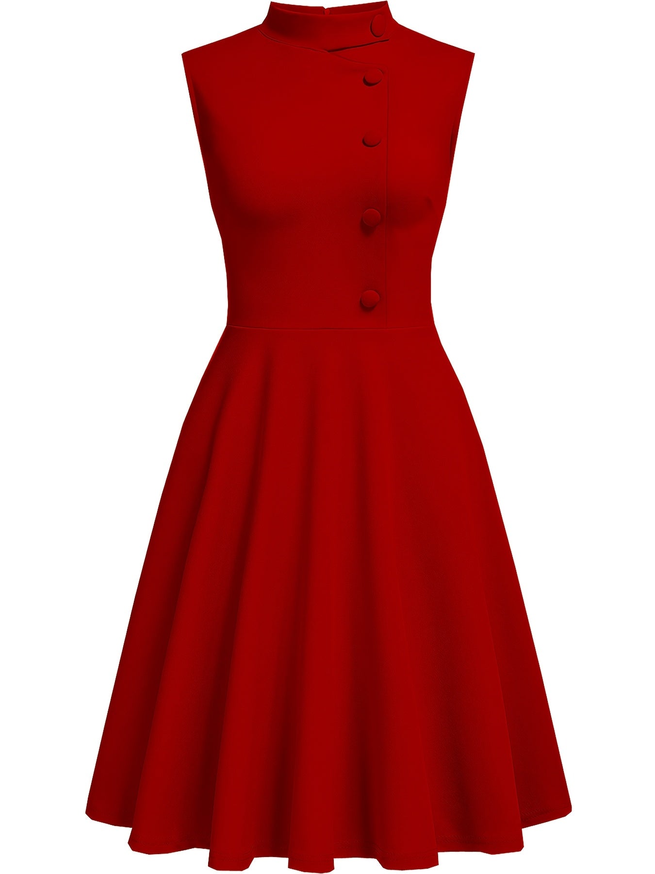Elegant Navy Fit and Flare Dress for Women with Mock Neck Sleeveless Button Front Vintage Style