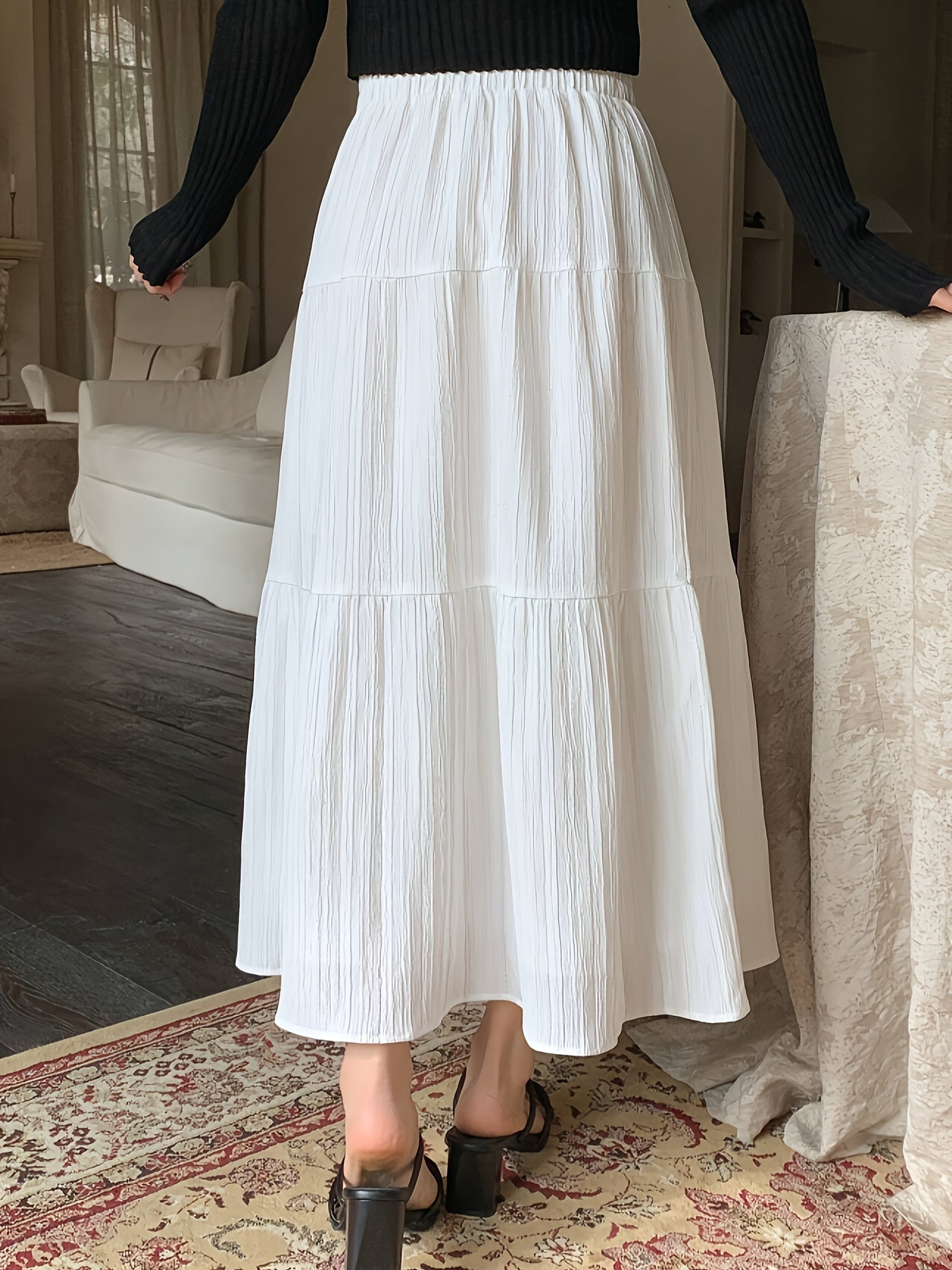 Elegant White Tiered Maxi Skirt for Women with High Waist Textured A Line Flowing Style