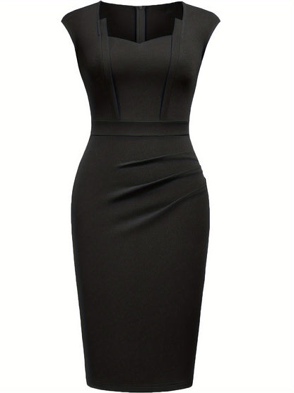 Elegant Ruched Midi Dress for Women with Sweetheart Neckline Cap Sleeve Bodycon Formal Style