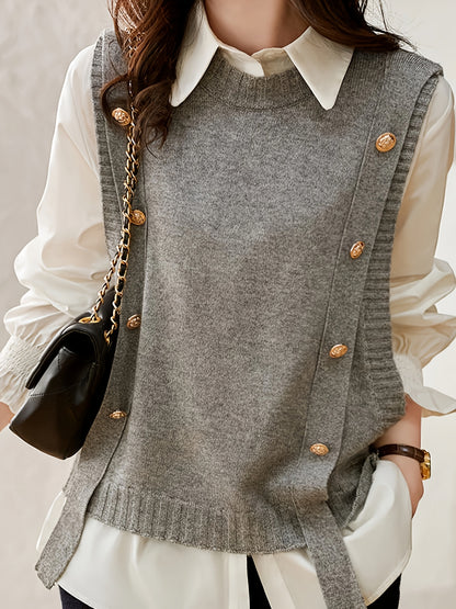 Comfortable Sweater Vest for Women with Round Neck Sleeveless Button Detail Relaxed Knit Style