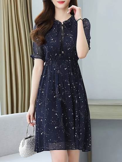 Elegant Navy Star Print Midi Dress for Women with Tie Neck Flutter Sleeve Ruffle Hem Flowing Wedding Guest Style