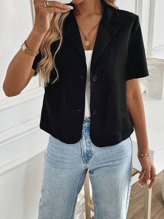 Elegant Cropped Blazer for Women with Notch Lapel Short Sleeve Button Front Relaxed Style