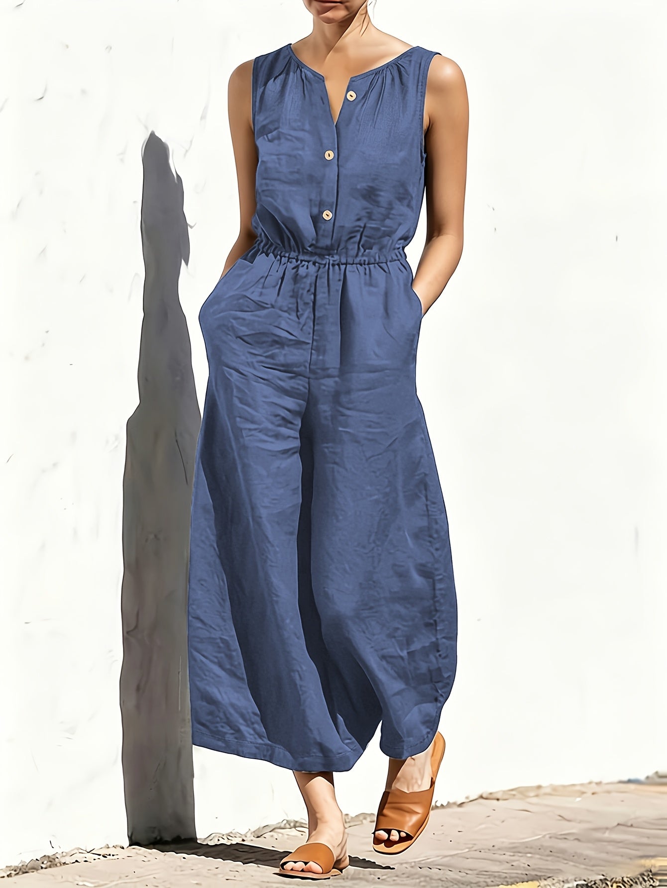 Effortless Navy Blue Linen Wide Leg Jumpsuit for Women with V Neck Sleeveless Button Front Relaxed Style
