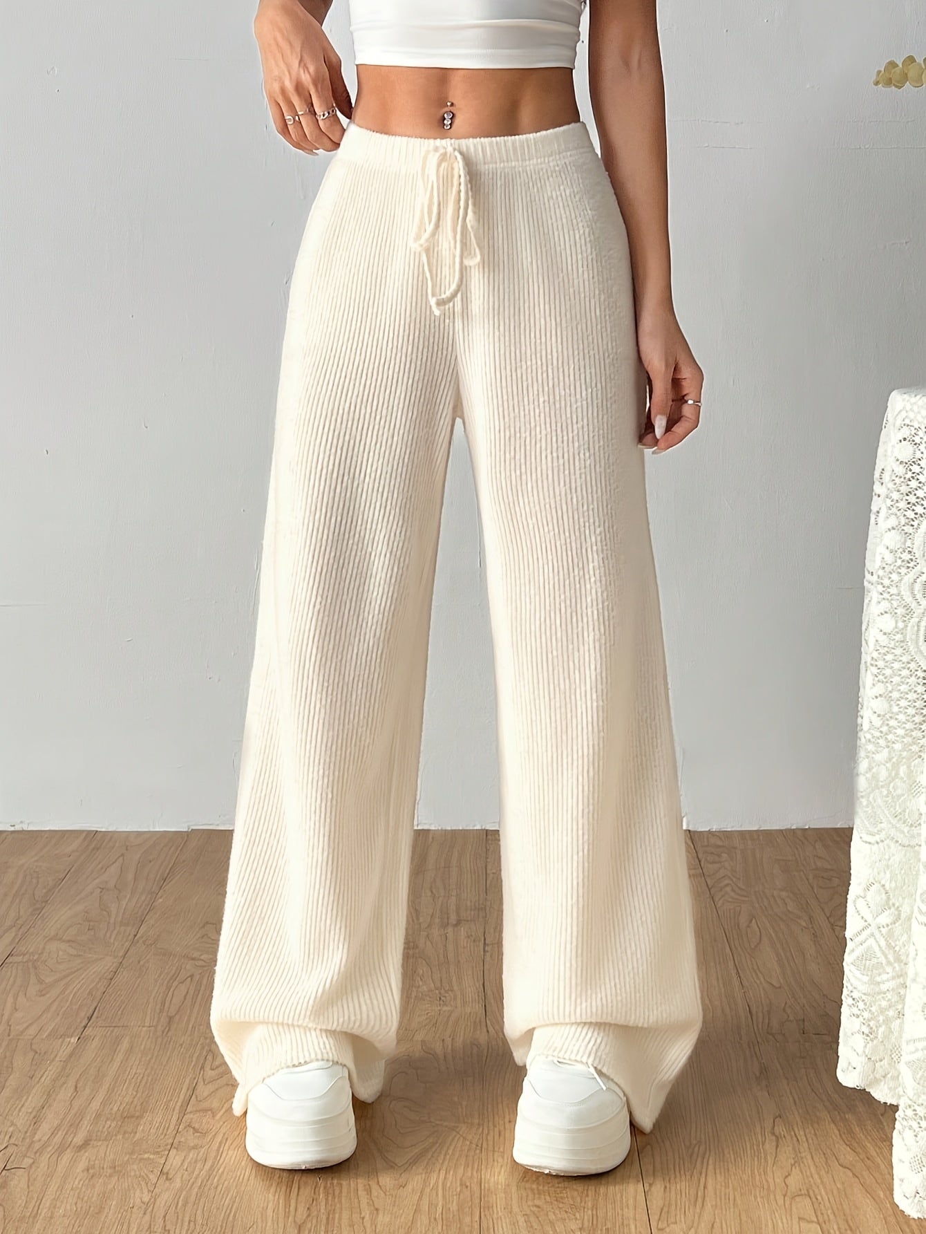 Effortless Ribbed Knit Wide Leg Pants for Women with High Waist Drawstring Relaxed Flowing Casual Style
