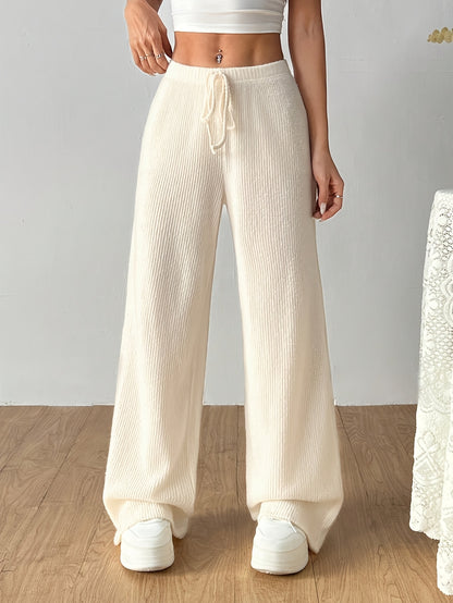 Effortless Ribbed Knit Wide Leg Pants for Women with High Waist Drawstring Relaxed Flowing Casual Style