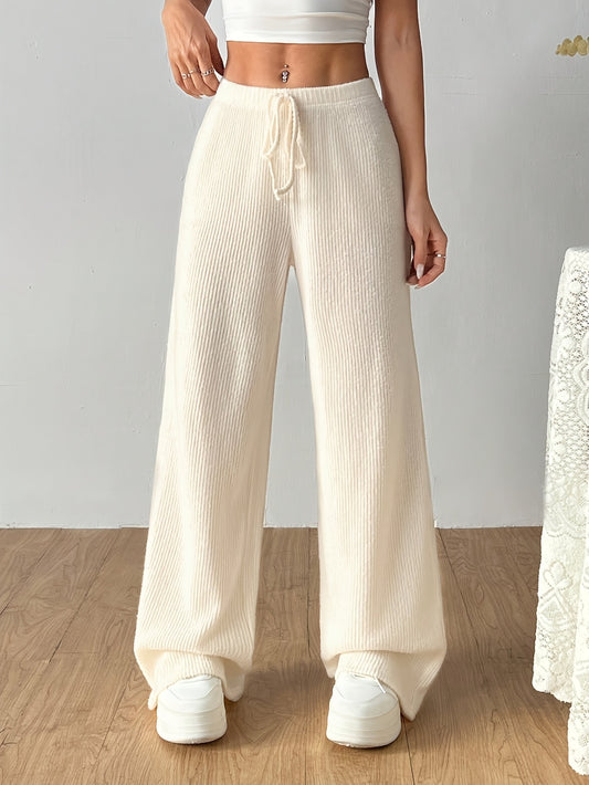 Effortless Ribbed Knit Wide Leg Pants for Women with High Waist Drawstring Relaxed Flowing Casual Style