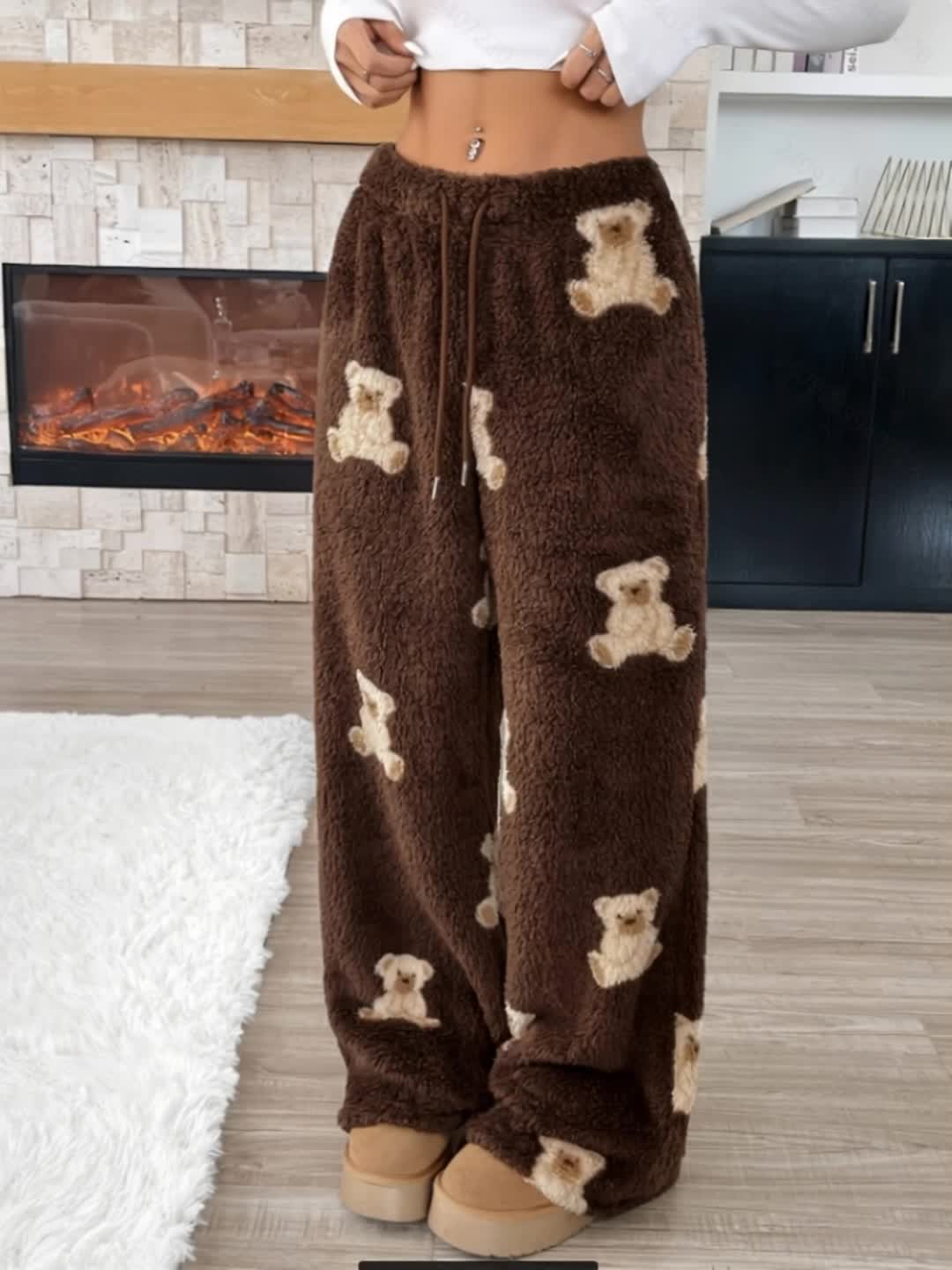 Comfortable Dark Brown Teddy Bear Print PJ Pants for Women with High Waist Drawstring Wide Leg Casual Style