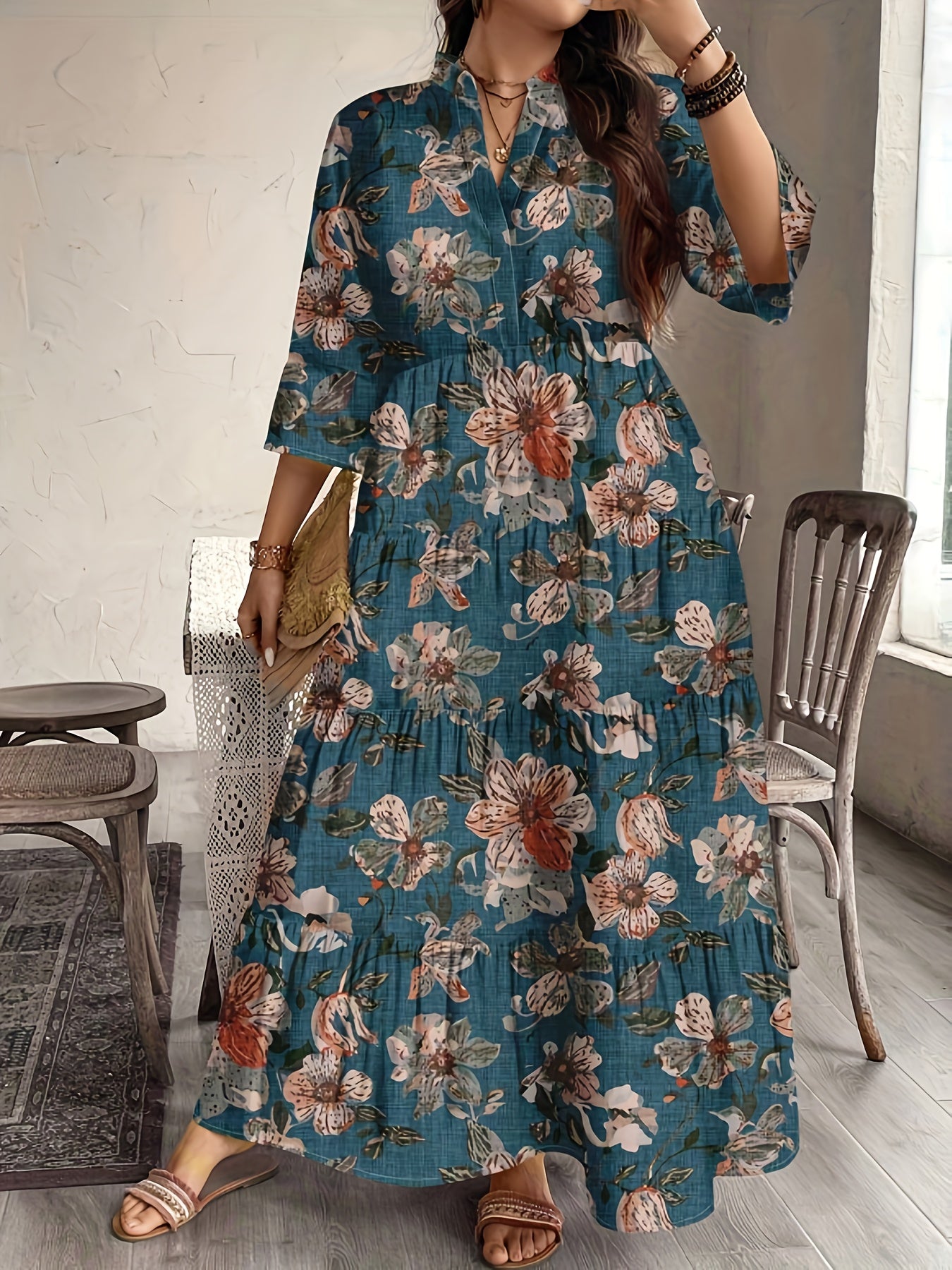 Effortless Multicolor Floral Maxi Dress for Women with V Neck Elbow Sleeve Tiered Ruffle Bohemian Style
