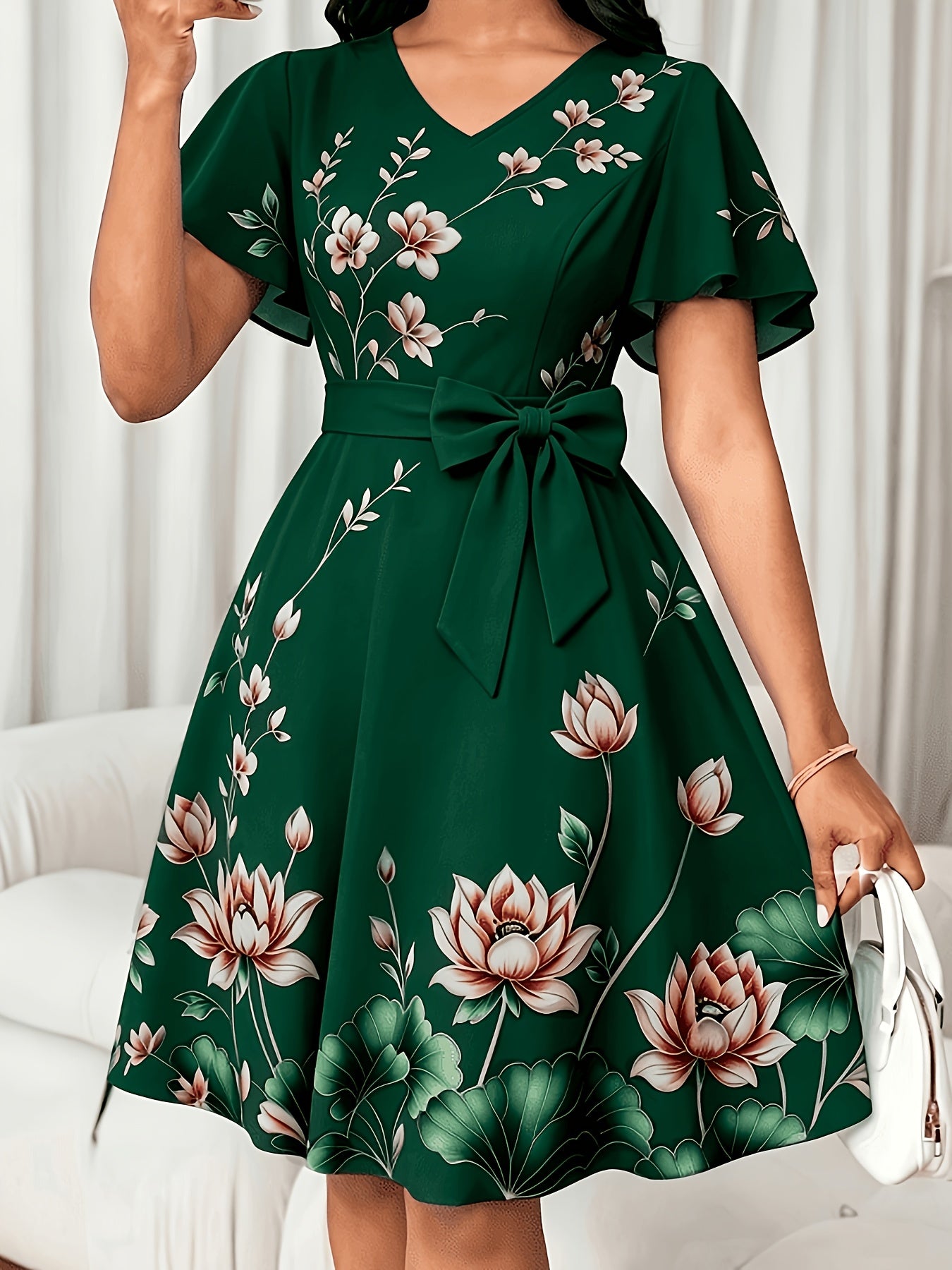 Elegant Floral Midi Dress for Women with V Neck Flutter Sleeve Bow Belt Flowing Style