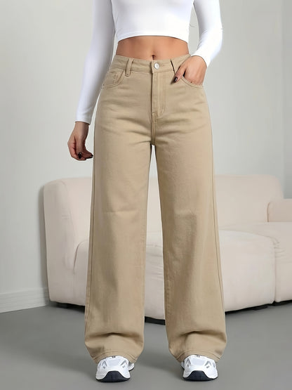 Effortless Khaki Wide Leg Jeans for Women with High Waist Five Pocket Relaxed Casual Style