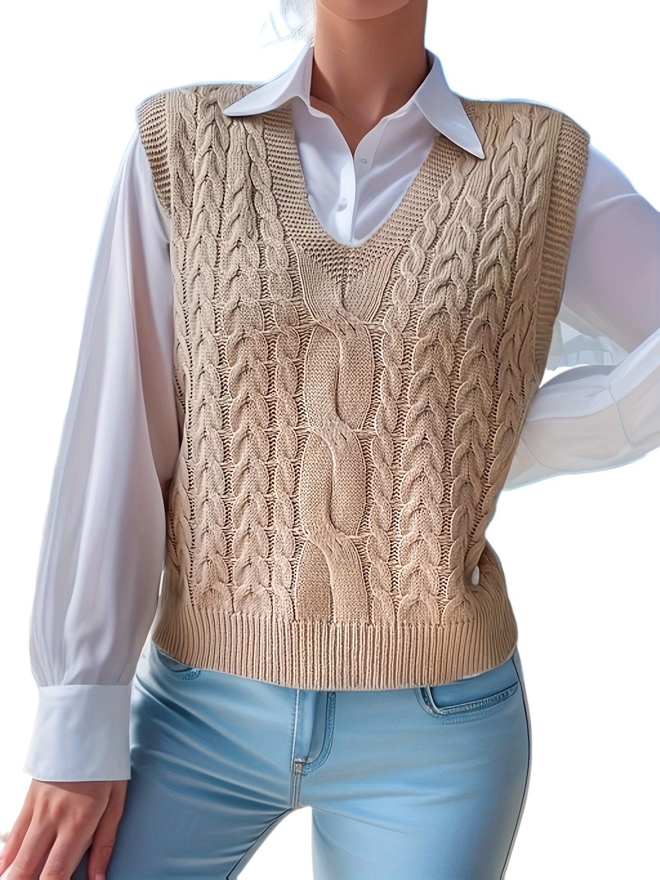 Comfortable Cable Knit Sweater Vest for Women with V Neck Sleeveless Cropped Oversized Style