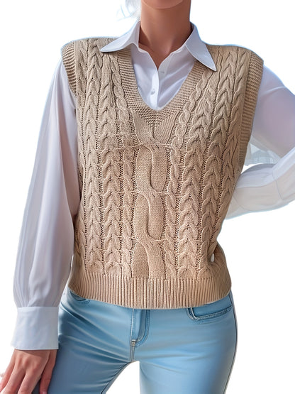 Comfortable Cable Knit Sweater Vest for Women with V Neck Sleeveless Cropped Oversized Style
