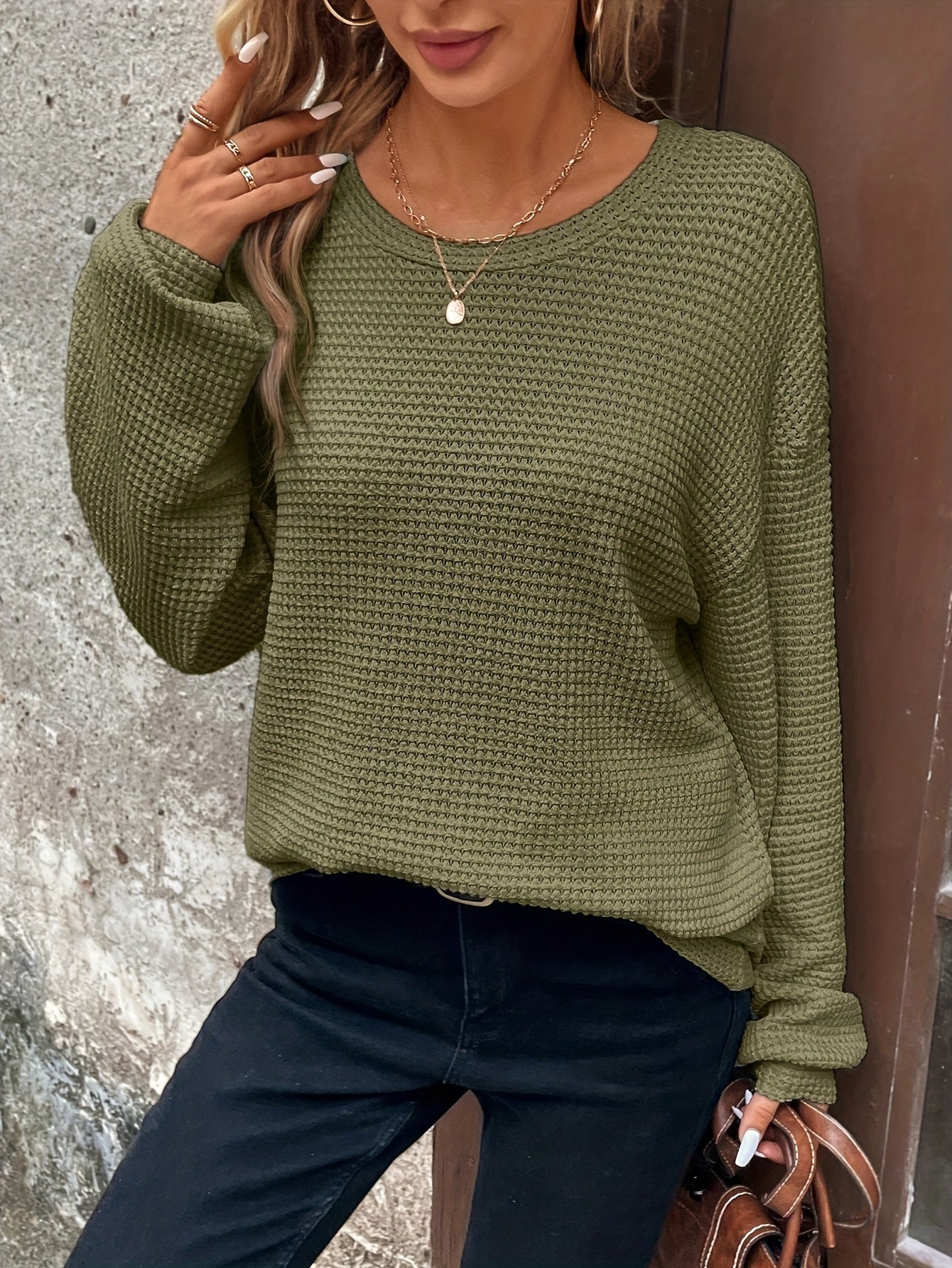 Comfortable Waffle Knit Sweater for Women with Round Neck Long Sleeve Relaxed Oversized Style