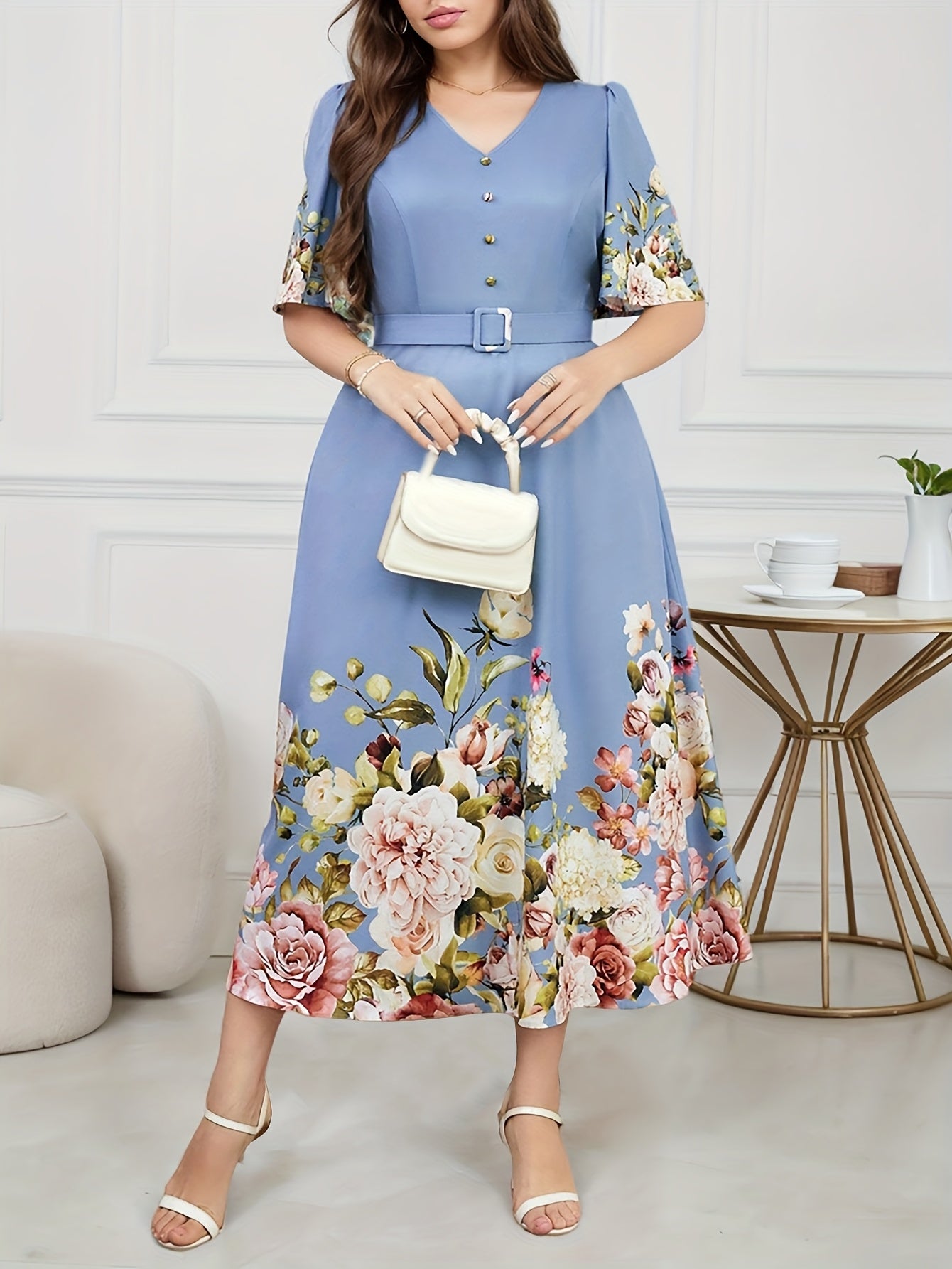 Effortless Floral Midi Dress for Women with V Neck Flutter Sleeve Belted A Line Style