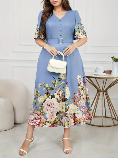 Effortless Floral Midi Dress for Women with V Neck Flutter Sleeve Belted A Line Style