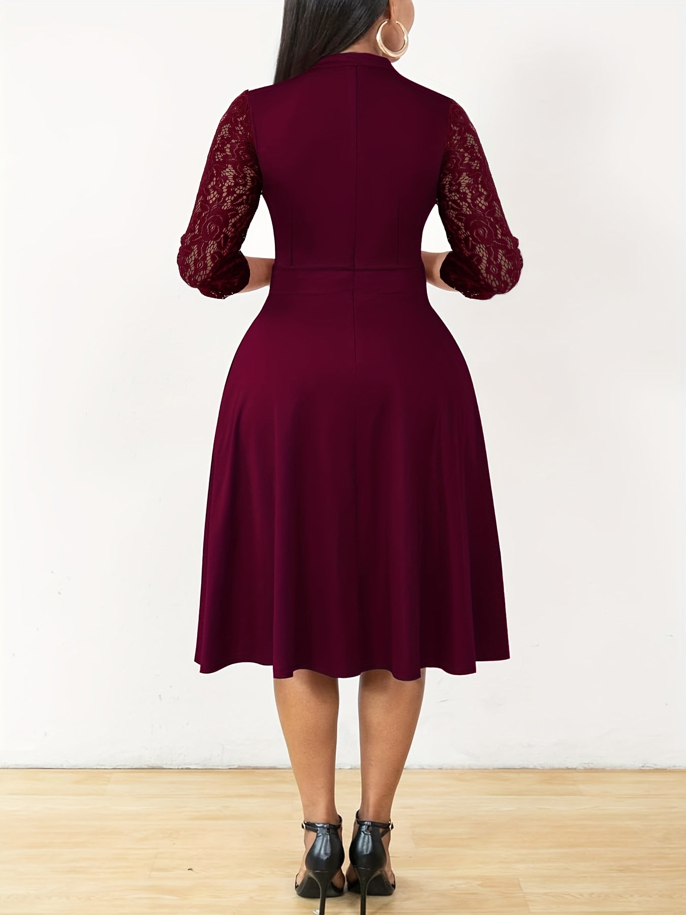 Elegant Lace Sleeve Midi Dress for Women with Notched Neck Three Quarter Sleeve Fit and Flare Cocktail Style