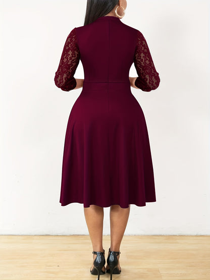 Elegant Lace Sleeve Midi Dress for Women with Notched Neck Three Quarter Sleeve Fit and Flare Cocktail Style