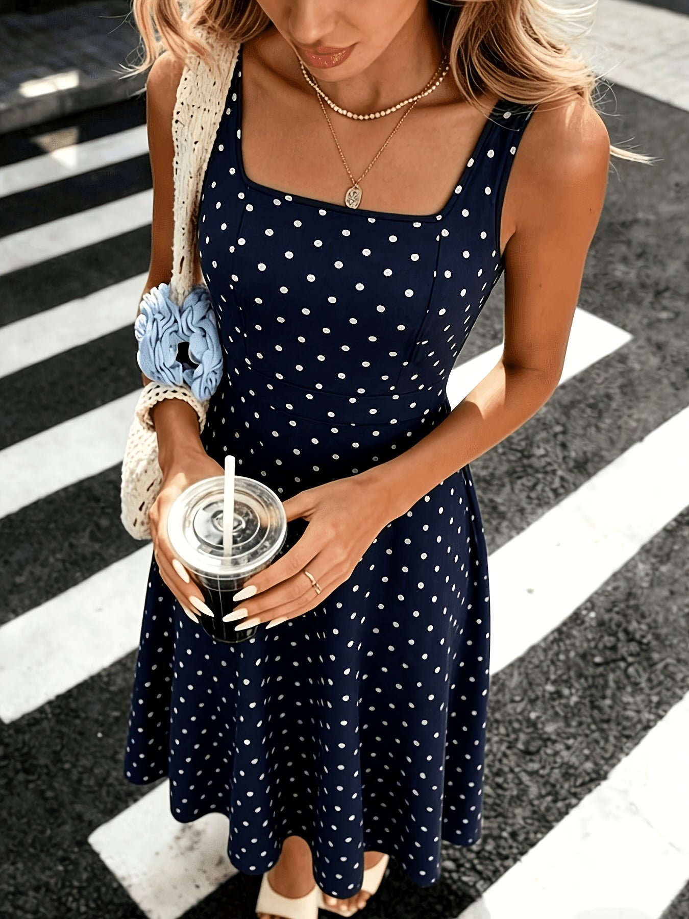 Elegant Polka Dot Midi Dress for Women with Square Neck Sleeveless A Line Flowing Casual Style