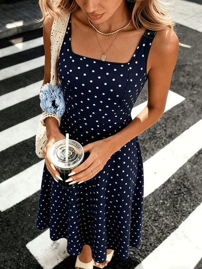 Elegant Polka Dot Midi Dress for Women with Square Neck Sleeveless A Line Flowing Casual Style