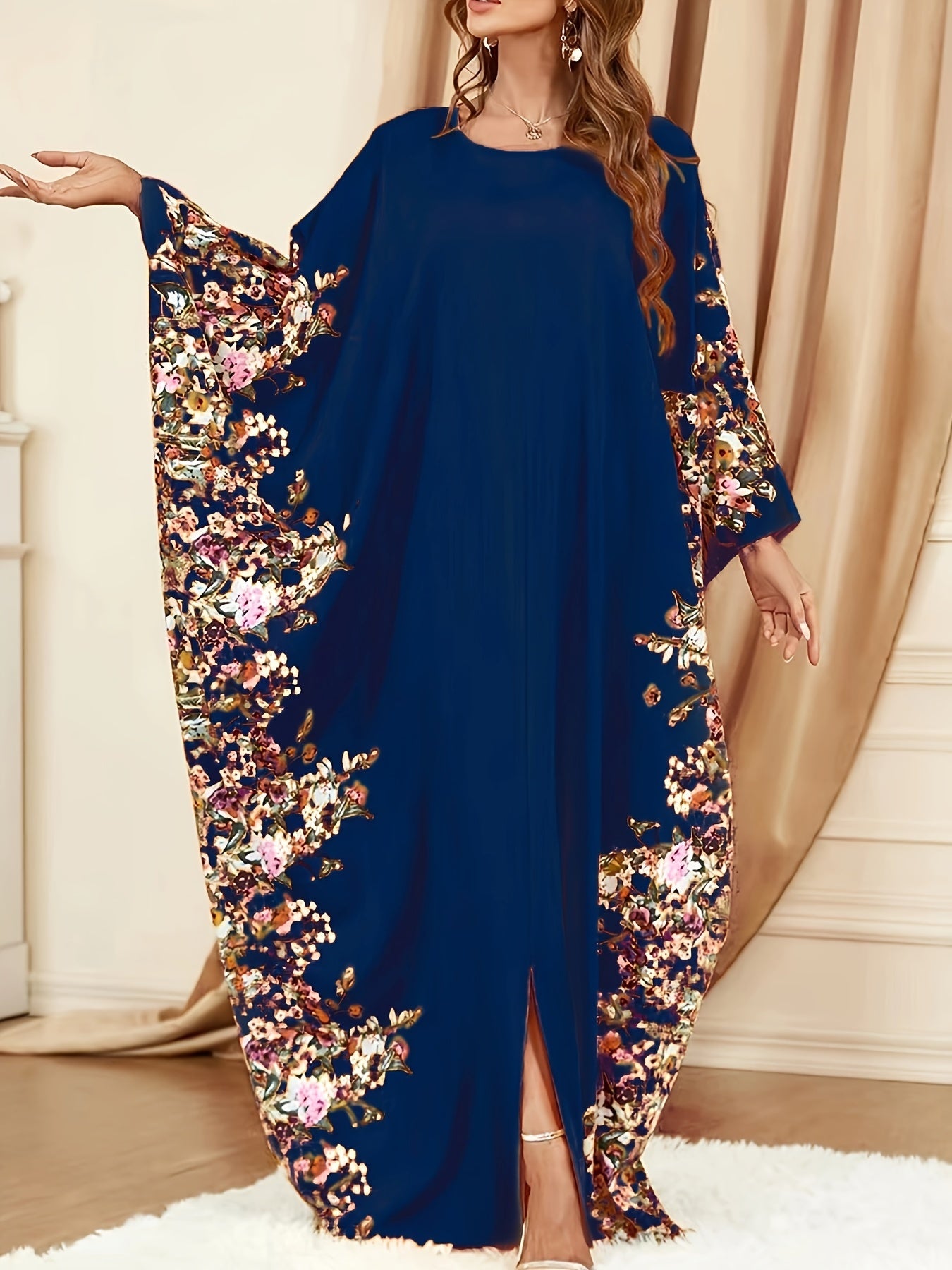 Elegant Floral Print Kaftan Maxi Dress for Women with Round Neck Batwing Sleeve Flowing Bohemian Style