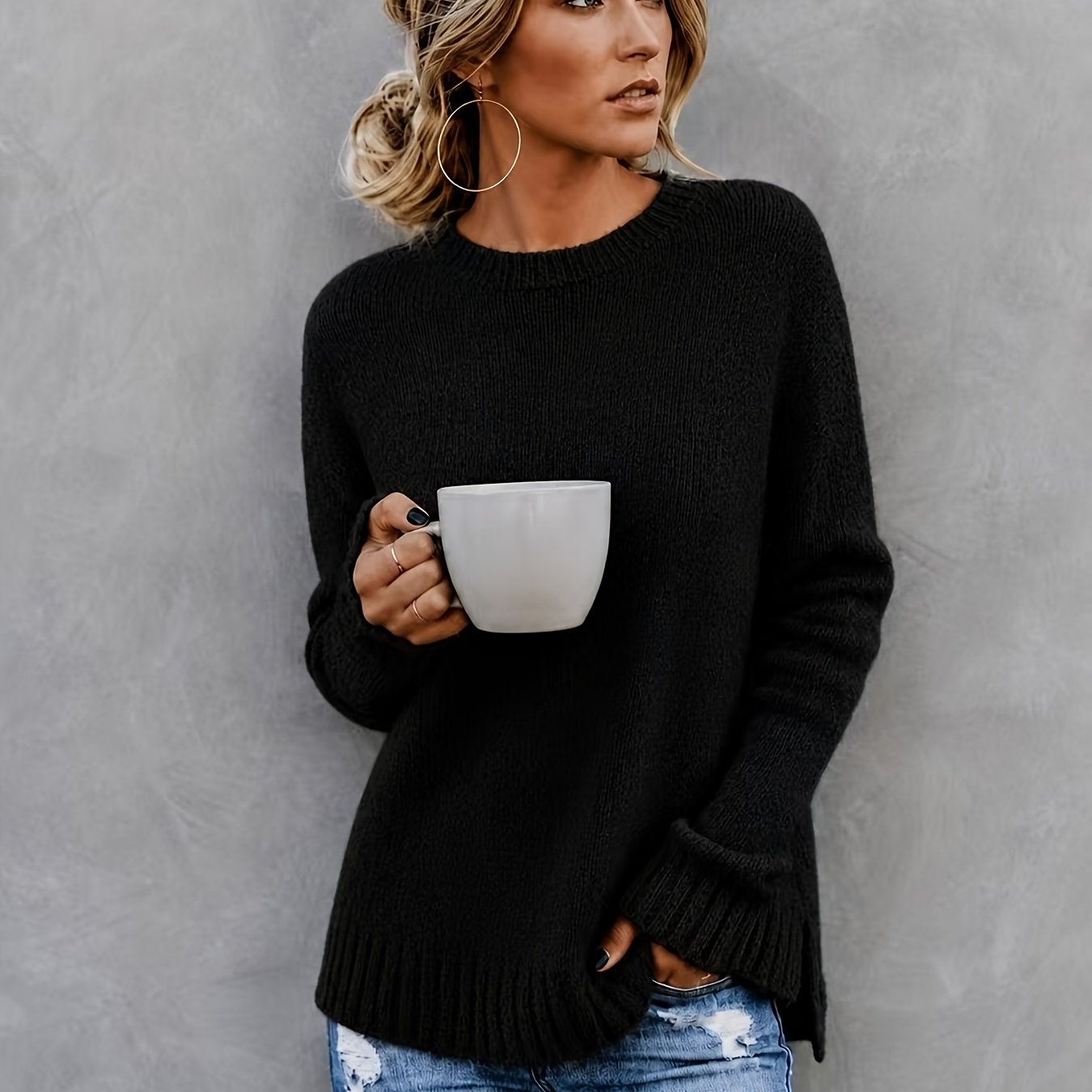 Comfortable Heathered Knit Sweater for Women with Crew Neck Bell Sleeve Side Slit Relaxed Oversized Style
