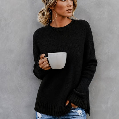 Comfortable Heathered Knit Sweater for Women with Crew Neck Bell Sleeve Side Slit Relaxed Oversized Style